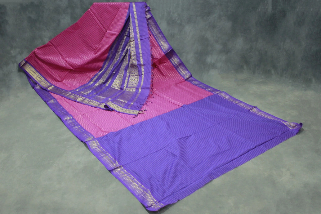 Dark Pink Kalyani Cotton Saree with Zari Checked and Peacock Border and Blouse