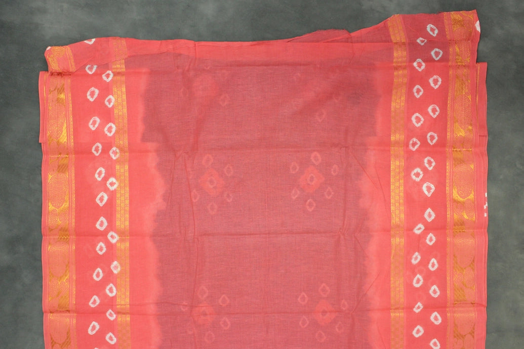 Pure Sungudi Cotton Bandhani Saree with Golden Zari Instrument Motif Border — Navy Blue & Coral, Unstitched Blouse Included