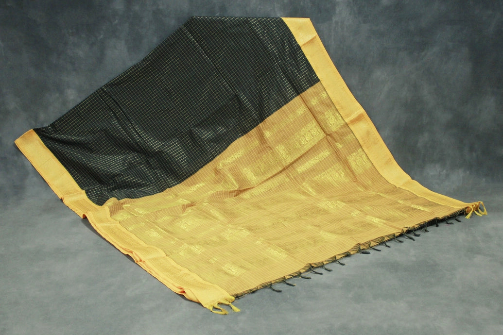 Black Kalyani Cotton Saree with Zari Checked & Peacock Border and Blouse