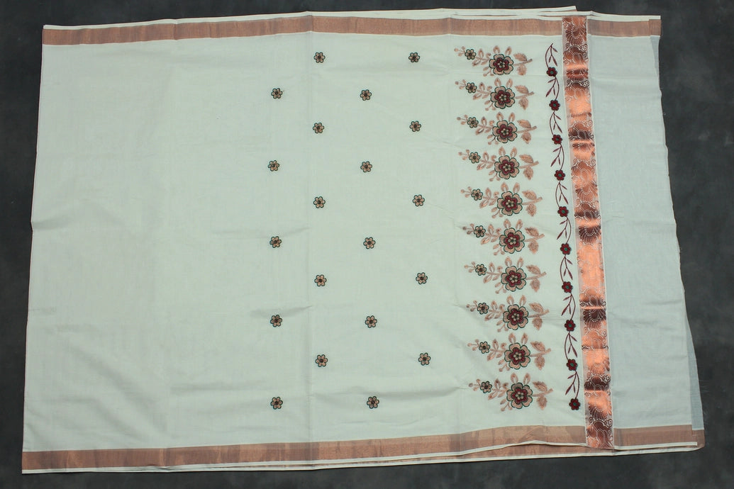 Pure Kerala Cotton White Saree with Copper Zari Border and Embroidered Peacock Floral Pallu