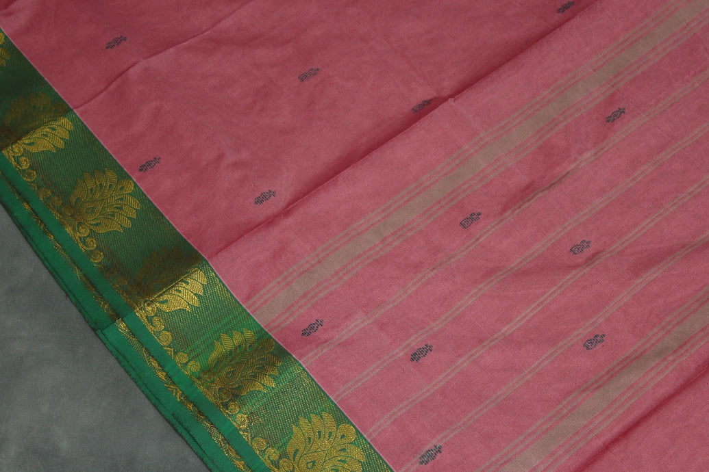 Onion Pink Poly Cotton Saree with Green Zari Border and Butta Motifs Saree JCS Fashions