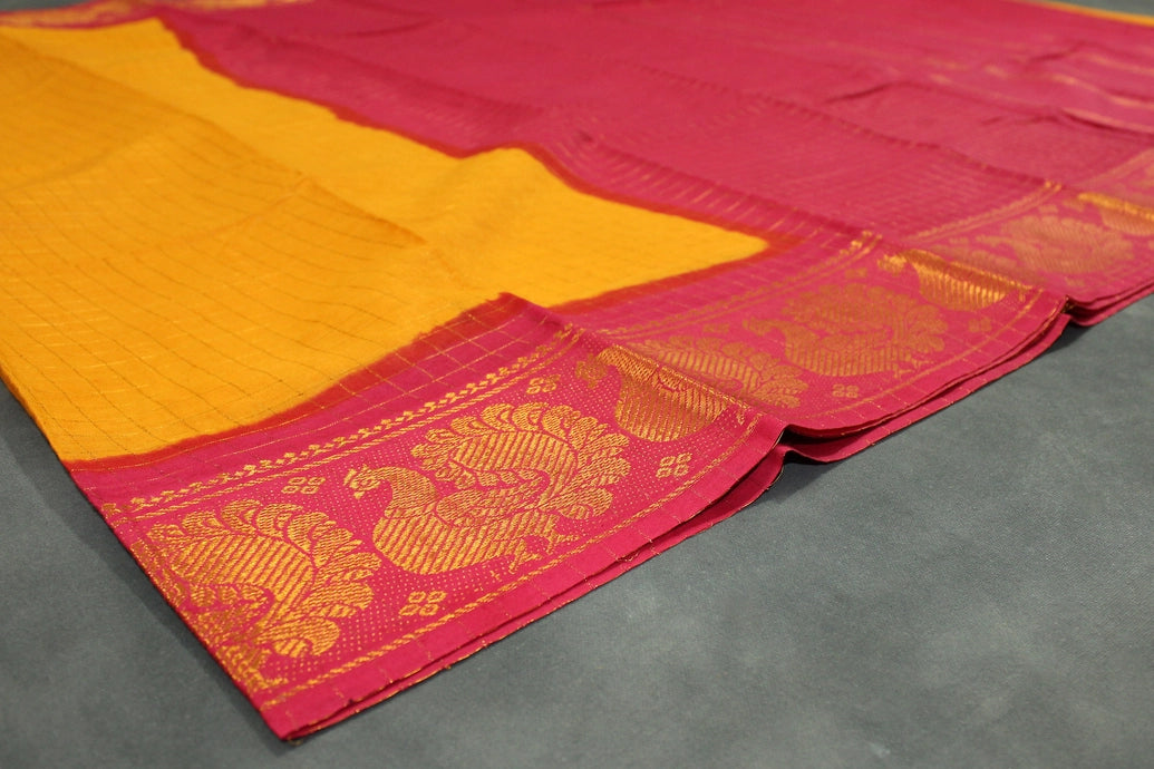 Sungudi Cotton Checked Saree in Yellow with Peacock Gold-Tone Zari Double Border Saree JCS Fashions