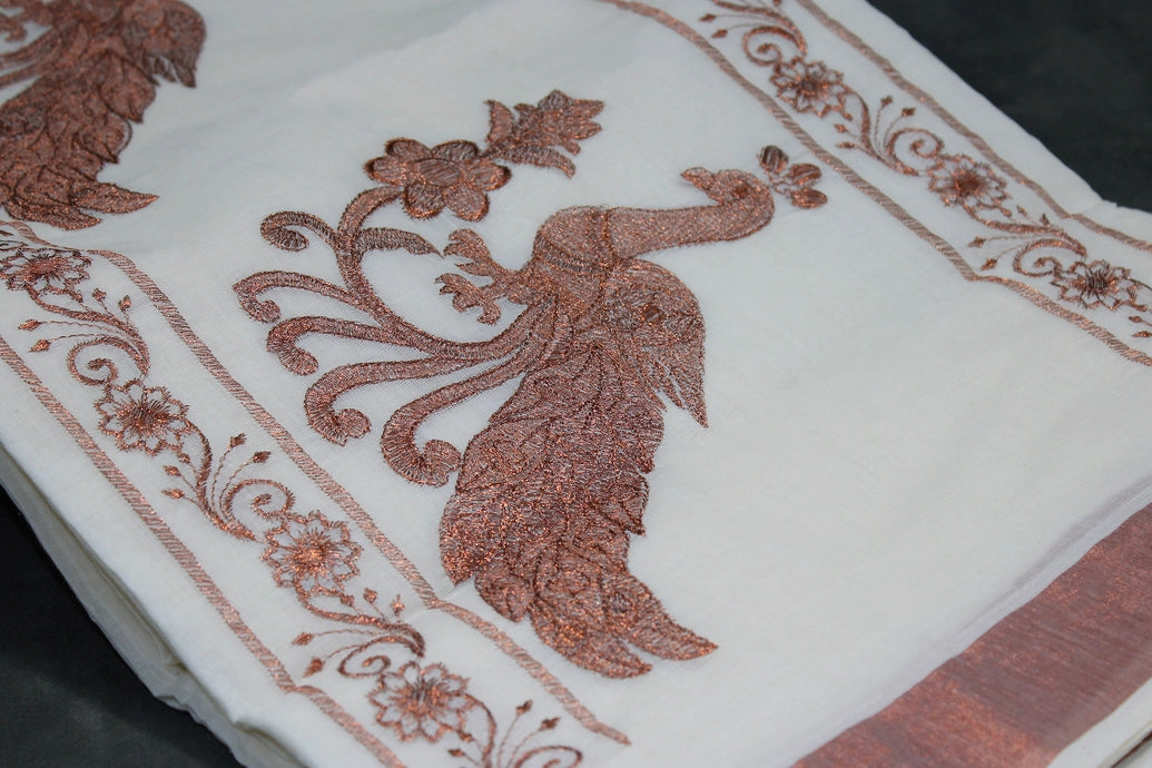 White Kerala Cotton Saree with Copper Zari Peacock Embroidery