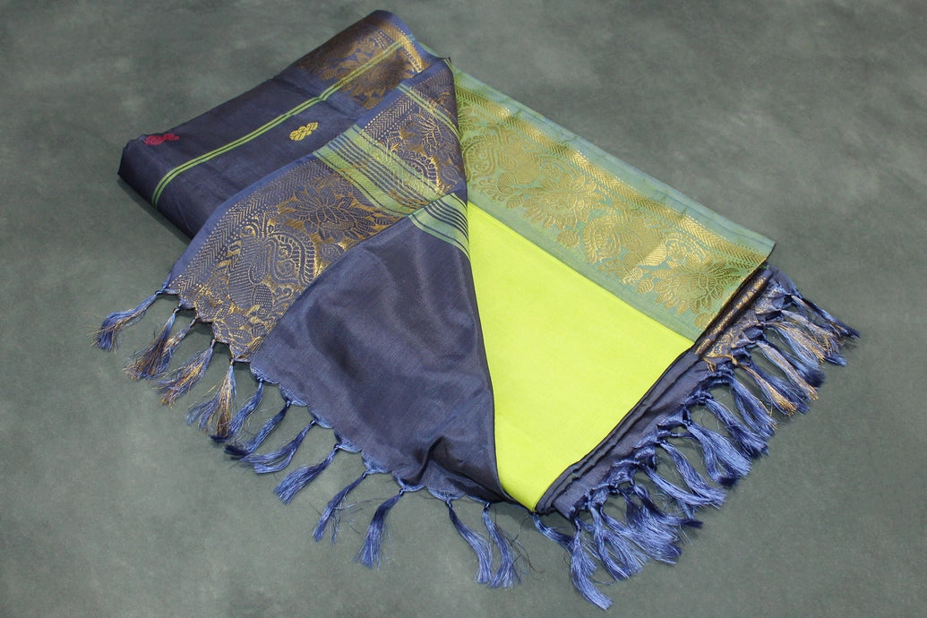 Light Green Vaazhai Naar Saree with Zari Design Border and Small Butta - Includes Blouse Piece