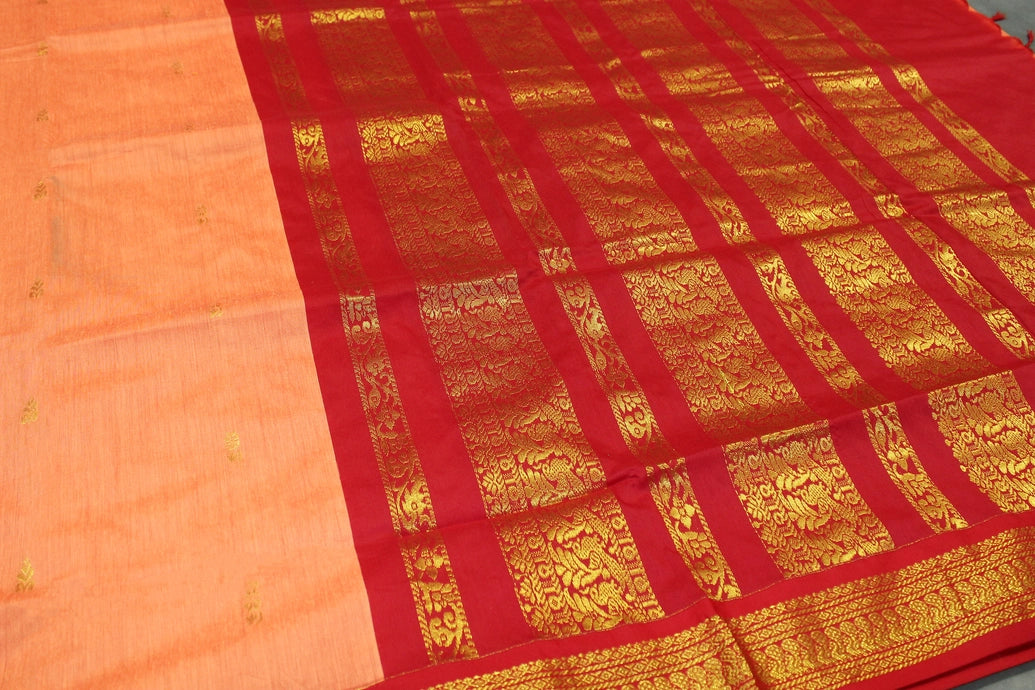 Silk Cotton Orange & Red Saree with Thick Zari Border and Grand Pallu