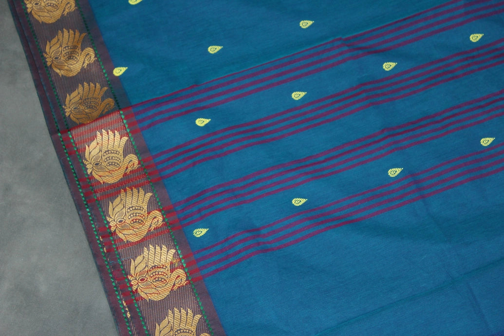 Rama Blue Poly Cotton Butta Saree with Gold-Colour Swan Thread Border - Traditional Indian Saree Saree JCS Fashions