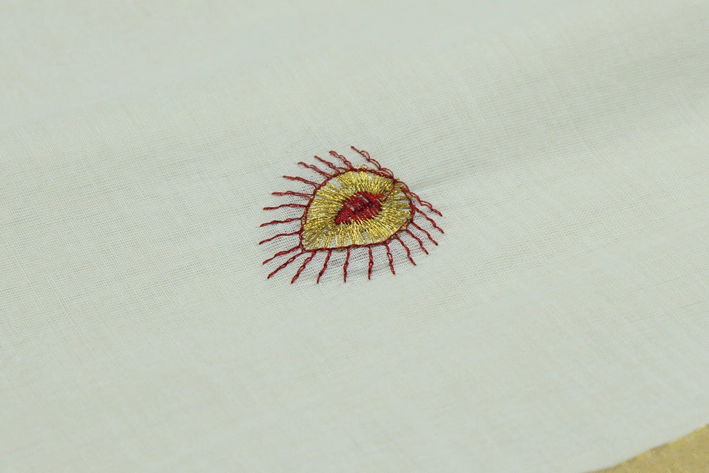 Pure Kerala Cotton White Saree with Peacock Zari Embroidery