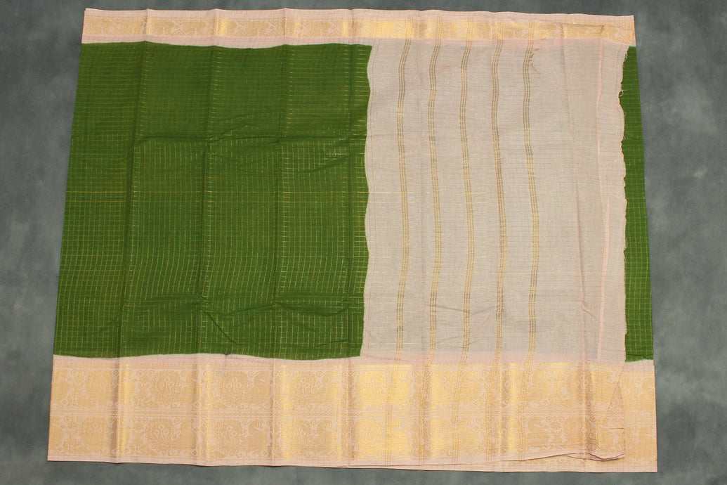 Mehendi Green Sungudi Cotton Saree with Checked Body and Peacock Gold Zari Double Border Saree JCS Fashions