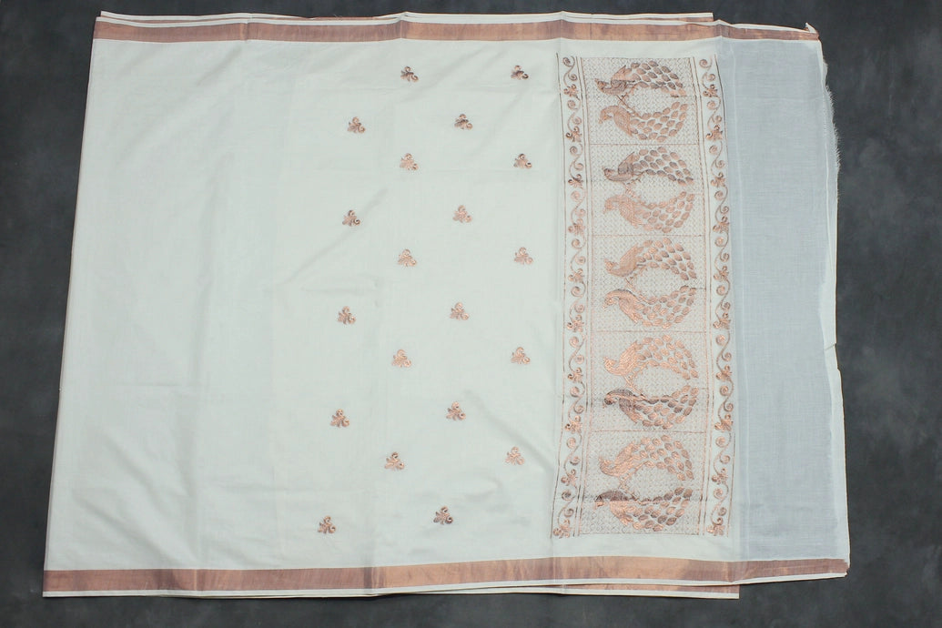 Pure Kerala Cotton Saree with Copper Zari Peacock Embroidery - White