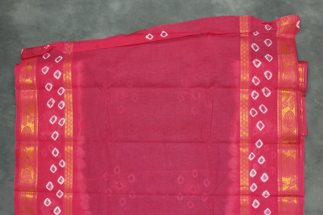 Navy Blue & Pink Sungudi Cotton Bandhani Saree with Golden Zari Border and Instrument Motifs Saree JCS Fashions