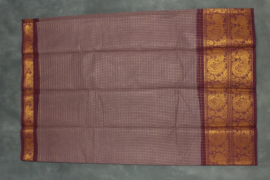 Chocolate Brown Sungudi Cotton Saree with Checked Body and Rich Peacock Gold Zari Double Border - Traditional Festive Wear