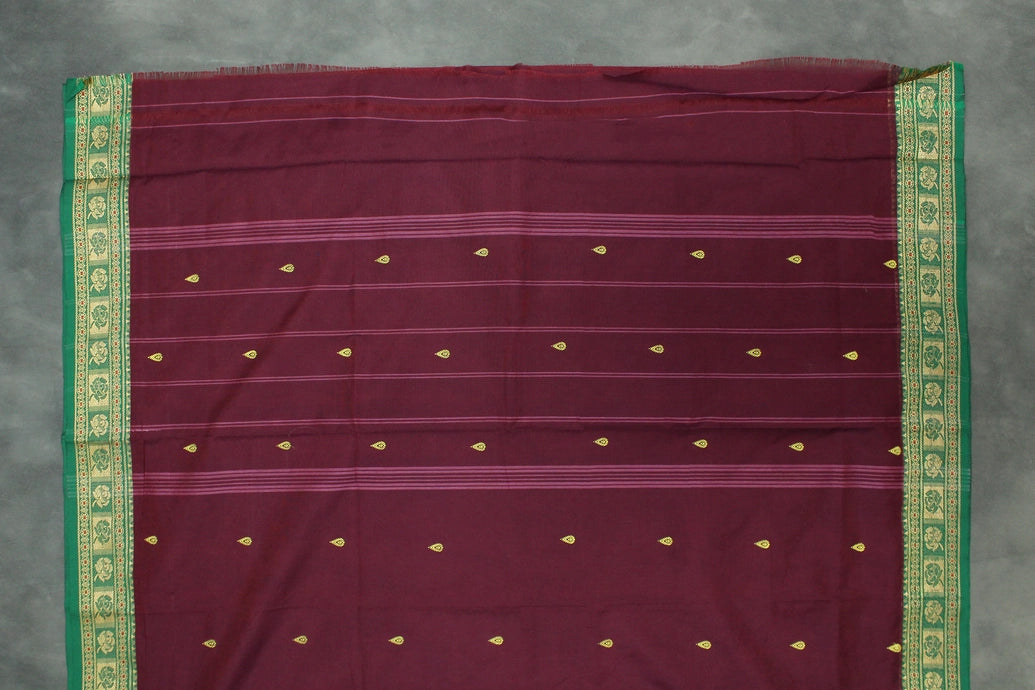 Dark Purple Poly Cotton Butta Saree with Green Thread Border Saree JCS Fashions