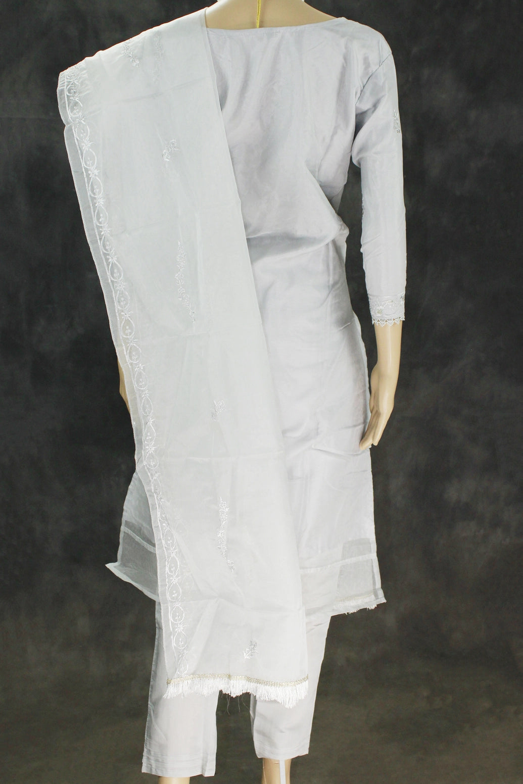 Gray Roman Silk 3-Piece Kurta Set with Organza Embroidered Top, Elastic Pants & Border Dupatta