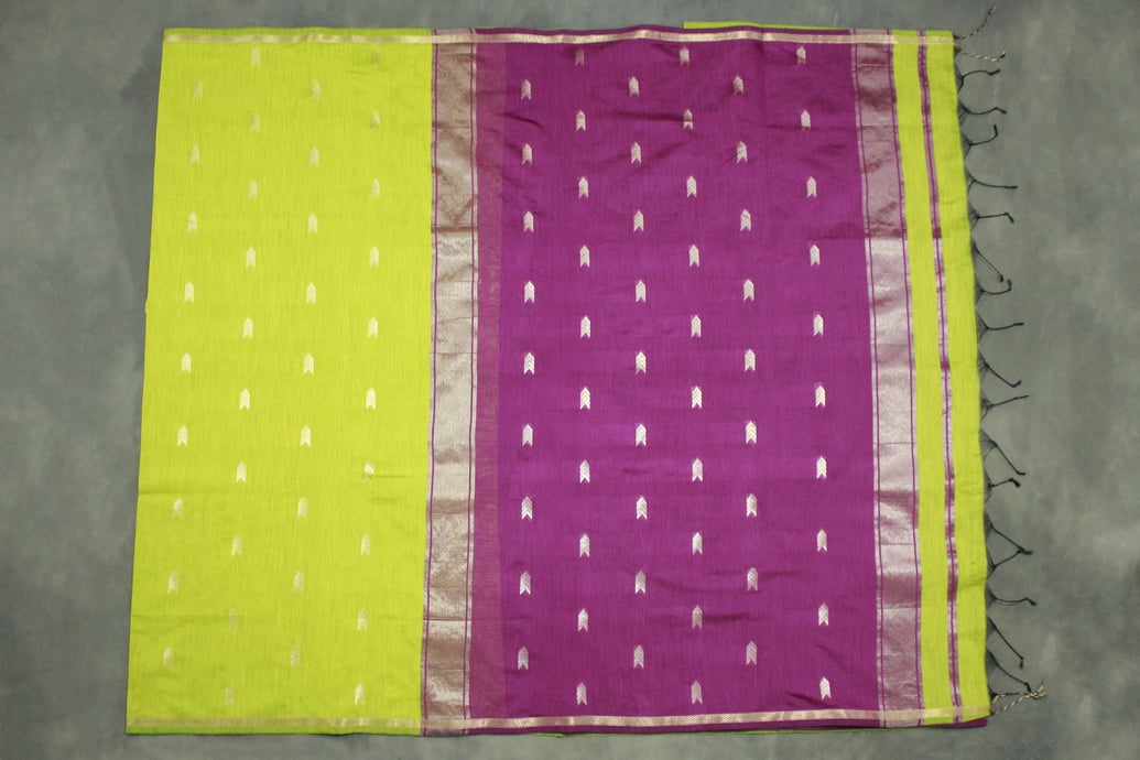 Maheswari Cotton Saree with Small Butta & Zari Border, Green Silk Cotton Saree with Blouse Piece