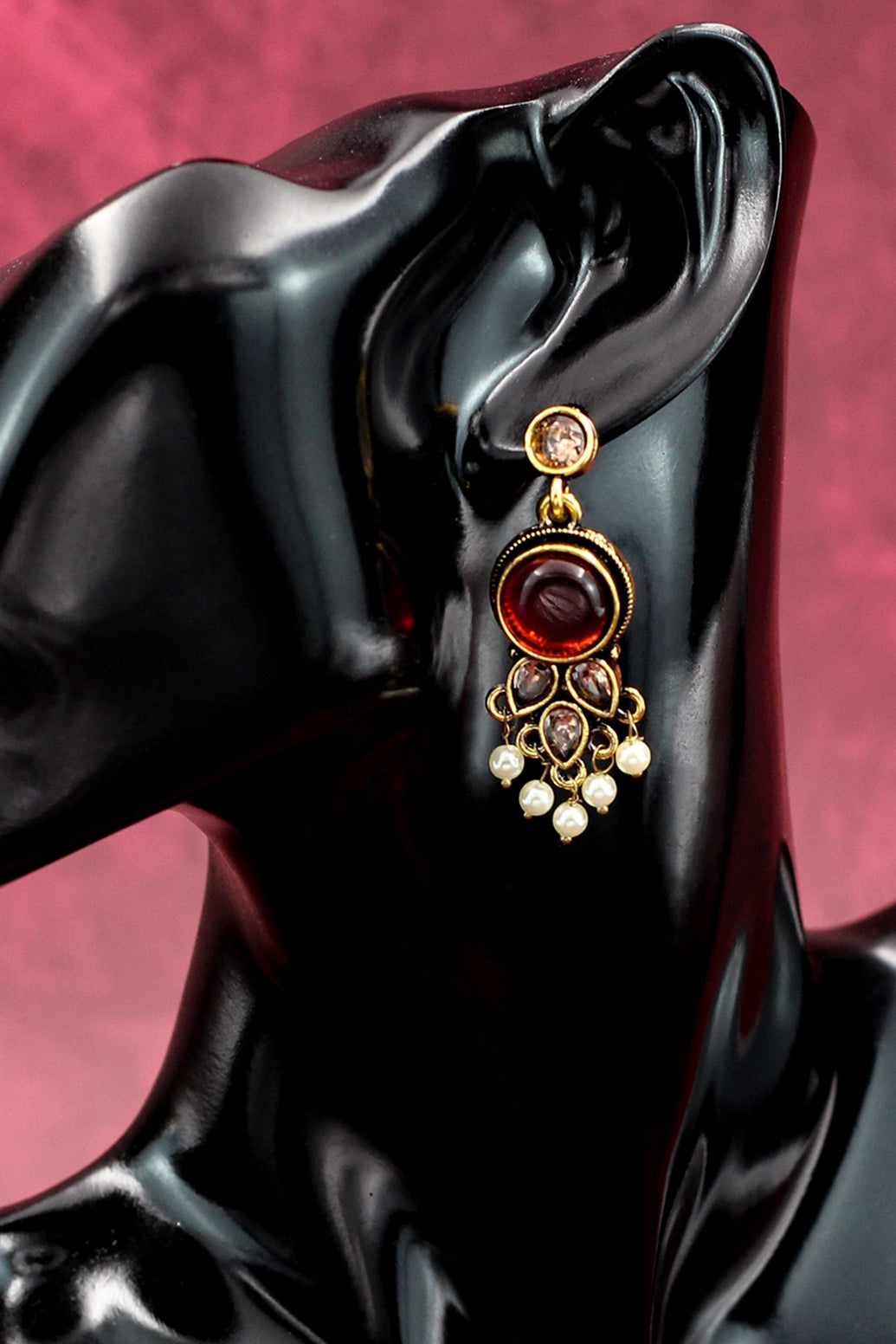 Maroon Gold-Tone Pearl Drop Chandbali Style Earrings - Traditional Indian Fashion Jewellery Jewelry JCS Fashions