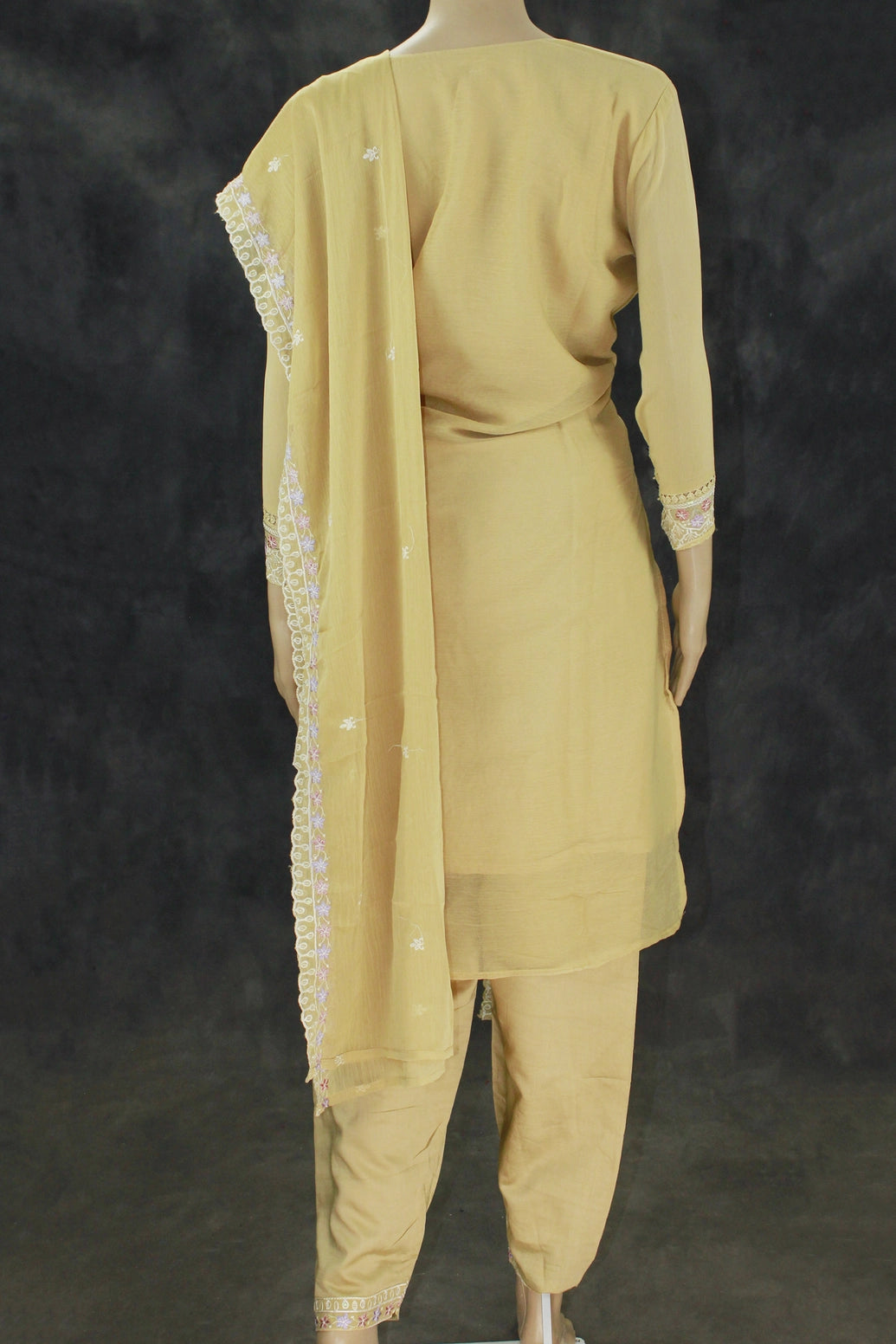 Pastel Yellow 3-Piece Salwar Kurti Set with Chiffon Dupatta, Stone Work Kurti and Elastic Pant