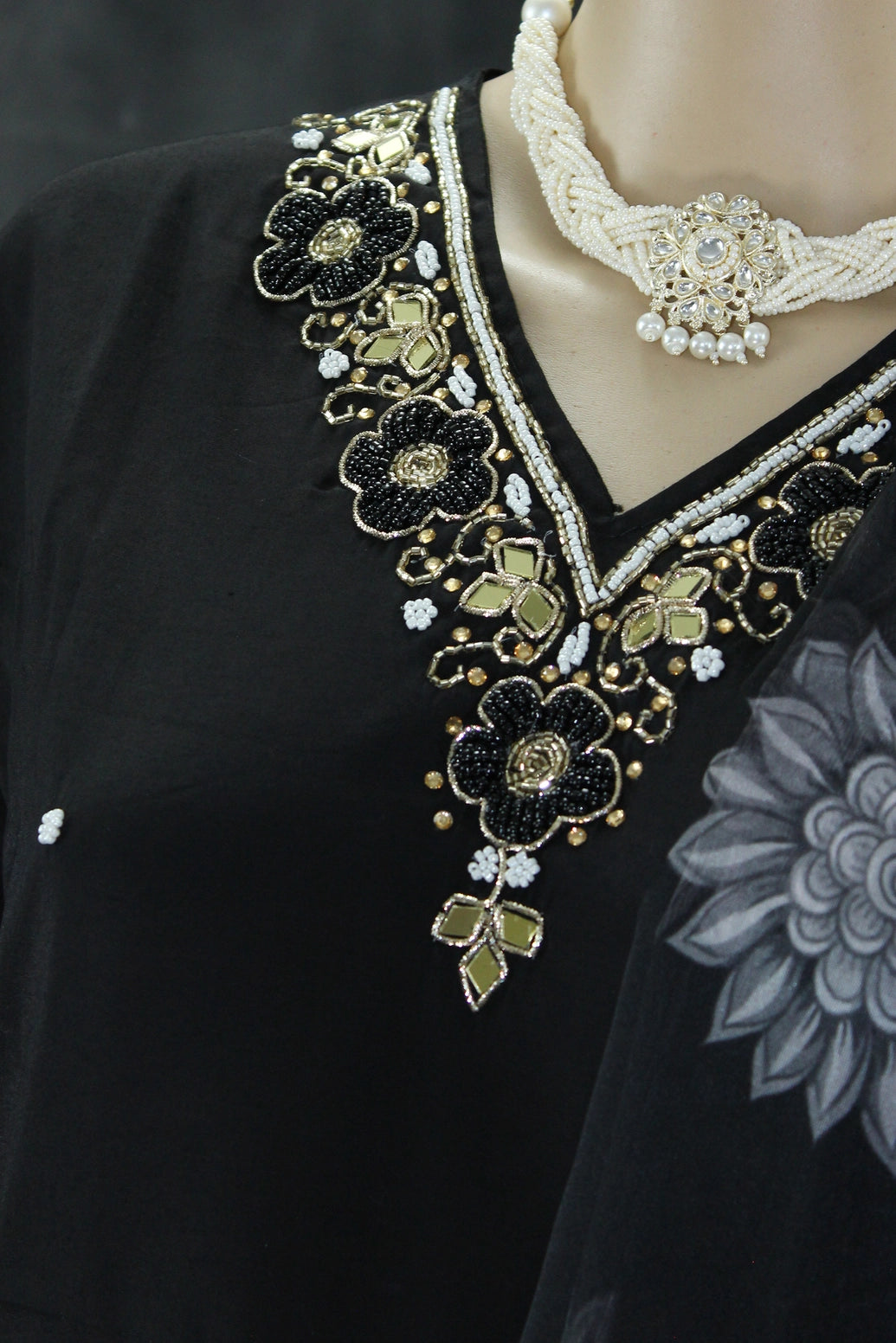 Black Silk 3-Piece Pakistani Salwar Suit with Embroidered V-Neck and Organza Dupatta