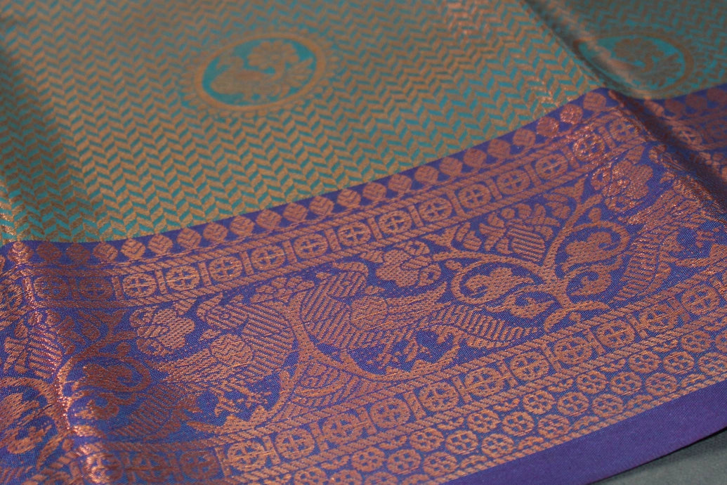 Teal Bridal Kubera Pattu Style Cotton Saree with Full Zari Work and Contrast Purple Woven Border Saree JCS Fashions