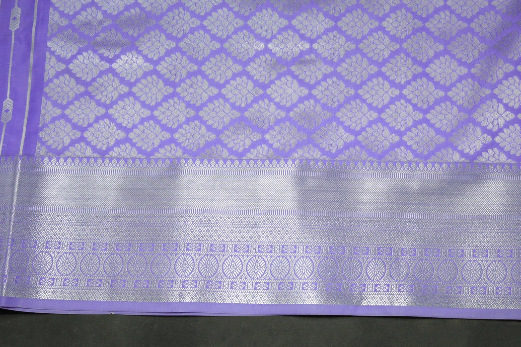 Lavender Bridal Vaira Oosi Soft Silk Saree with Silver Zari Border and Blouse