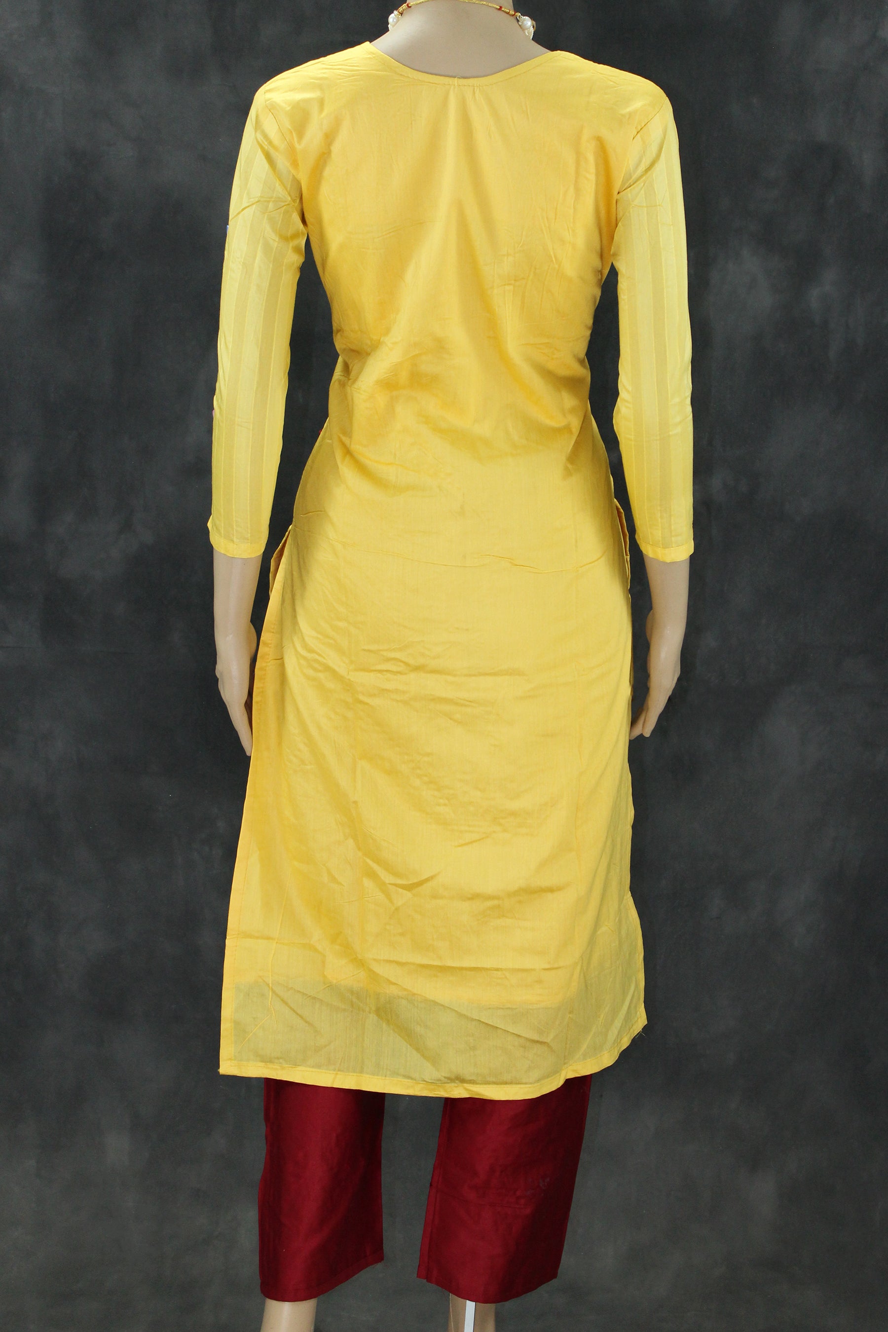 Yellow Silk Cotton Kurti with Elastic Pant Set, Aari and Thread Work with Beads for Women