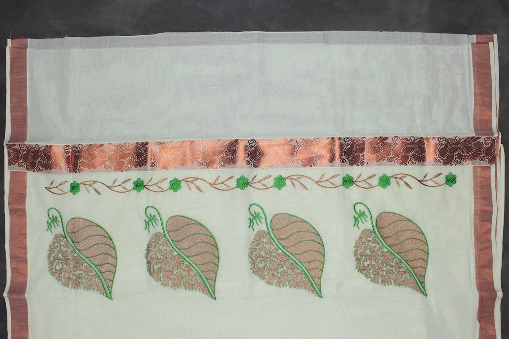 White Kerala Cotton Saree with Copper Zari Peacock Embroidery and Floral Border