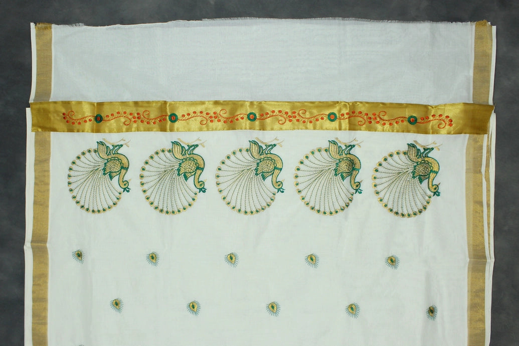 White Kerala Cotton Saree with Gold Zari and Green Peacock Thread Embroidery, Lightweight Traditional Pallu, Includes Blouse Piece