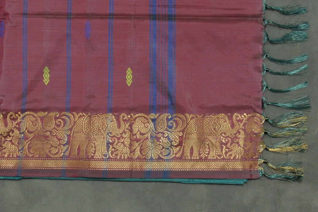 Teal and Maroon Vaazhai Naar Saree with Zari Border and Small Buttas