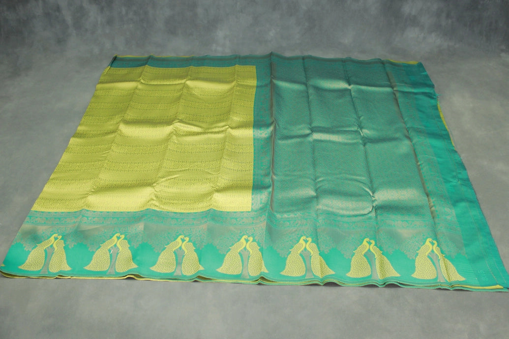 Green Kubera Pattu Saree with Peacock Border and Blouse | Semi Silk