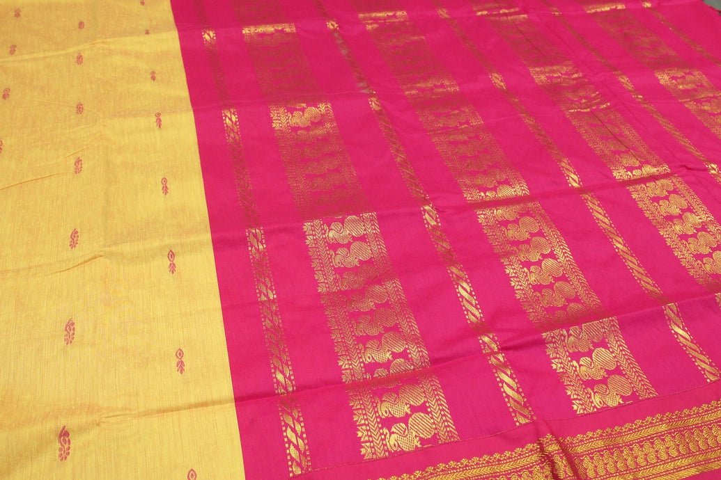 Yellow Silk Cotton Saree with Magenta Grand Pallu and Thick Gold Zari Border Saree JCS Fashions