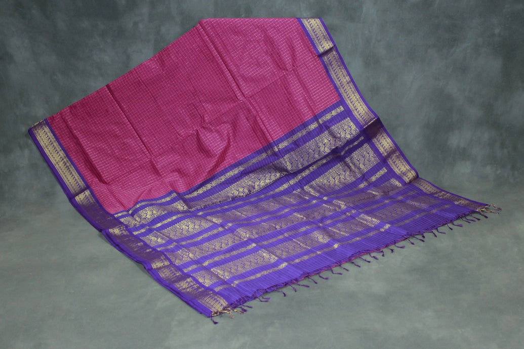 Dark Pink Kalyani Cotton Saree with Zari Checked and Peacock Border and Blouse