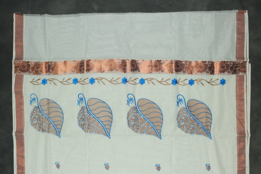 Pure Kerala Cotton White Saree with Copper Zari Border, Peacock Floral Embroidery and Blouse Piece
