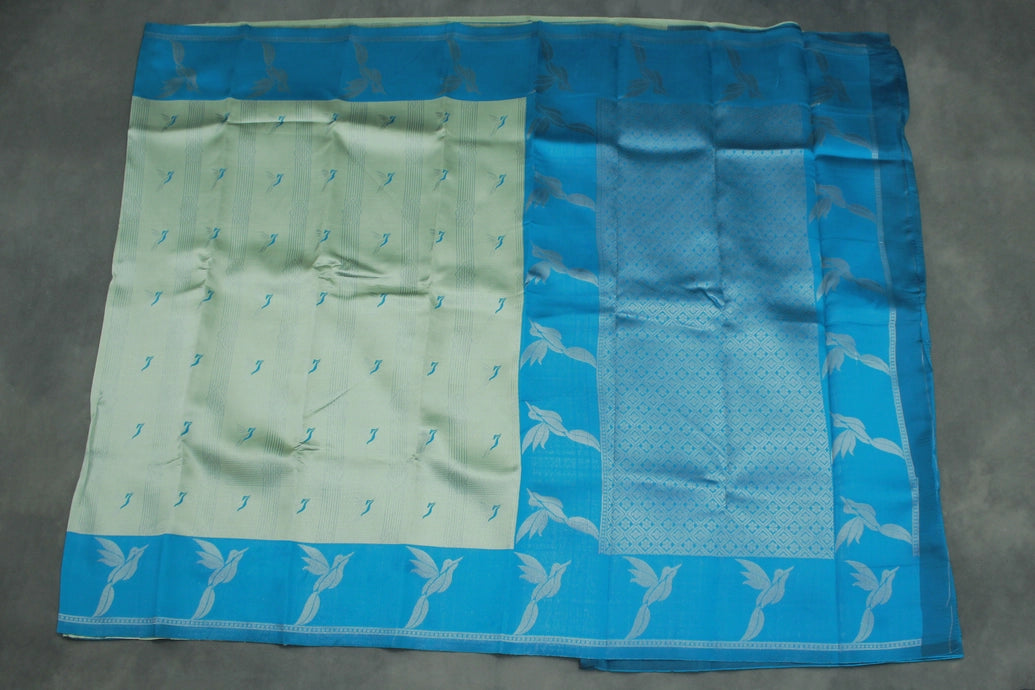 Pastel Blue Kubera Silk Saree with Kingfisher Pallu, Zari Border and Matching Blouse