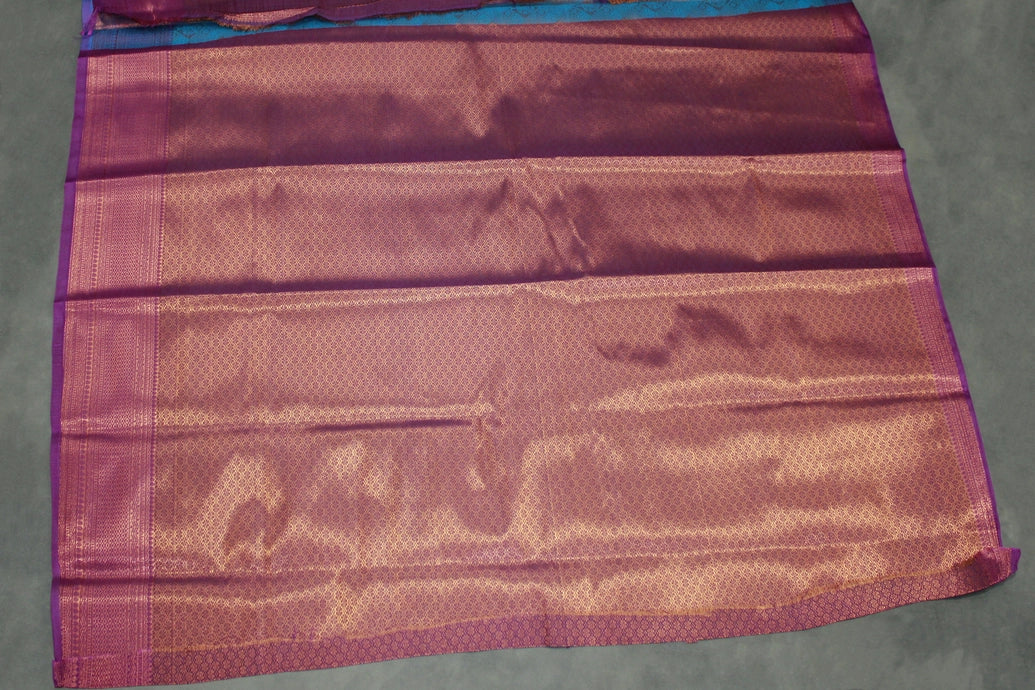 Blue Bridal Kubera Pattu Saree with Grand Pallu Zari Work and Zari Border, Comes with Blouse