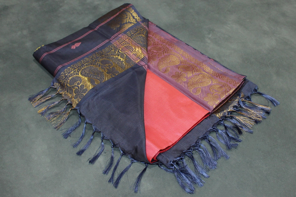 Vaazhai Naar (Banana Pith) Saree with Zari Border and Butta - Dark Peach