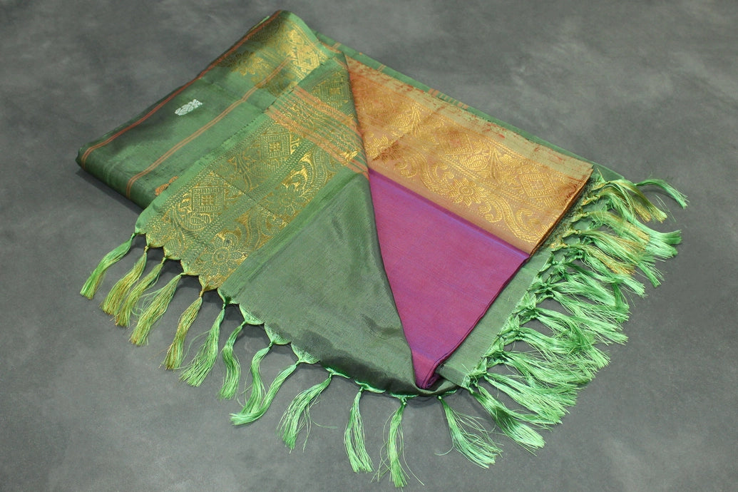 Banana Pith Vaazhai Naar Saree with Zari Border - Dark Pink & Olive Green