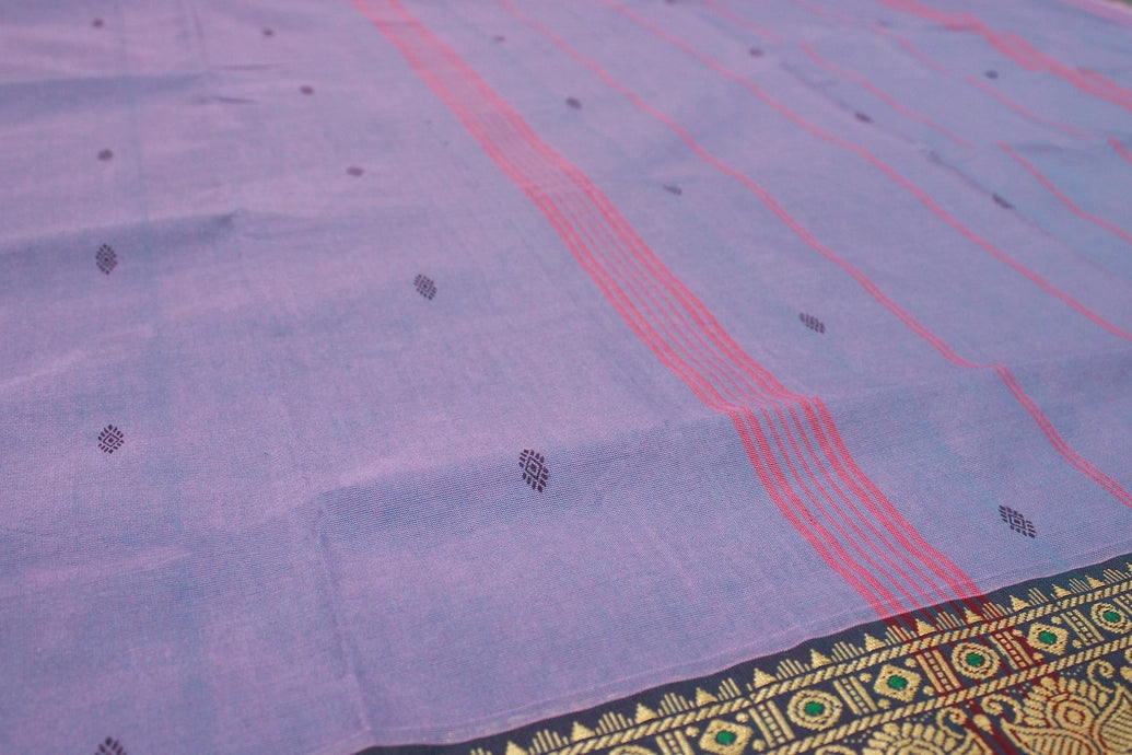 Lavender Poly Cotton Butta Saree with Gold-Thread Lotus Border Saree JCS Fashions