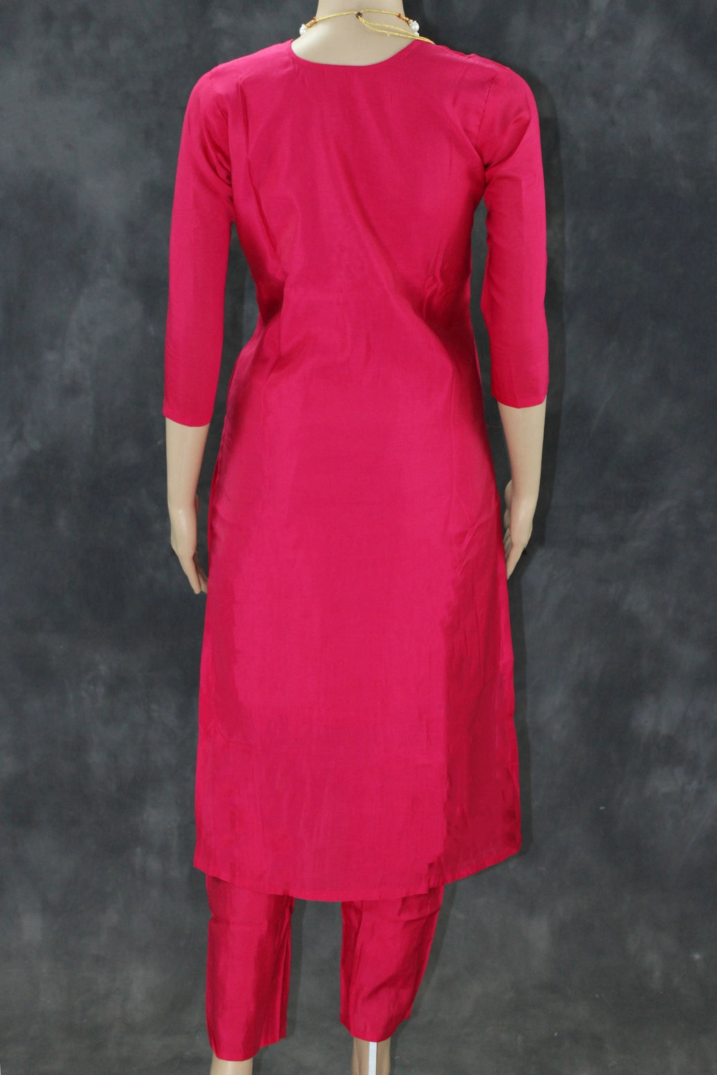 Deep Pink Aari Pearl Embroidered Kurti Pant & Dupatta 3-Piece Set for Women