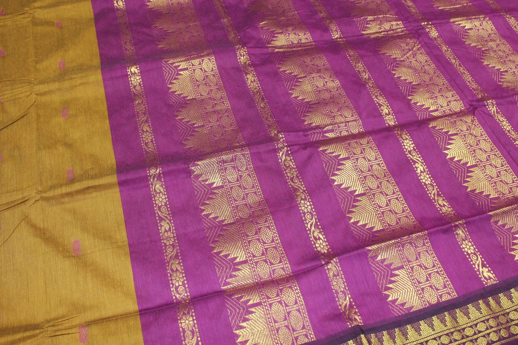 Silk Cotton Dark Mustard Saree with Purple Grand Pallu and Thick Zari Border Saree JCS Fashions