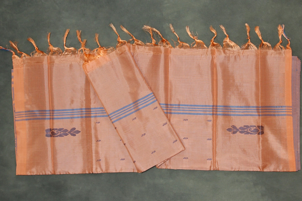 Peach Orange Vaazhai Naar (Banana Pith) Saree with Blue Stripe Pallu and Small Buttas