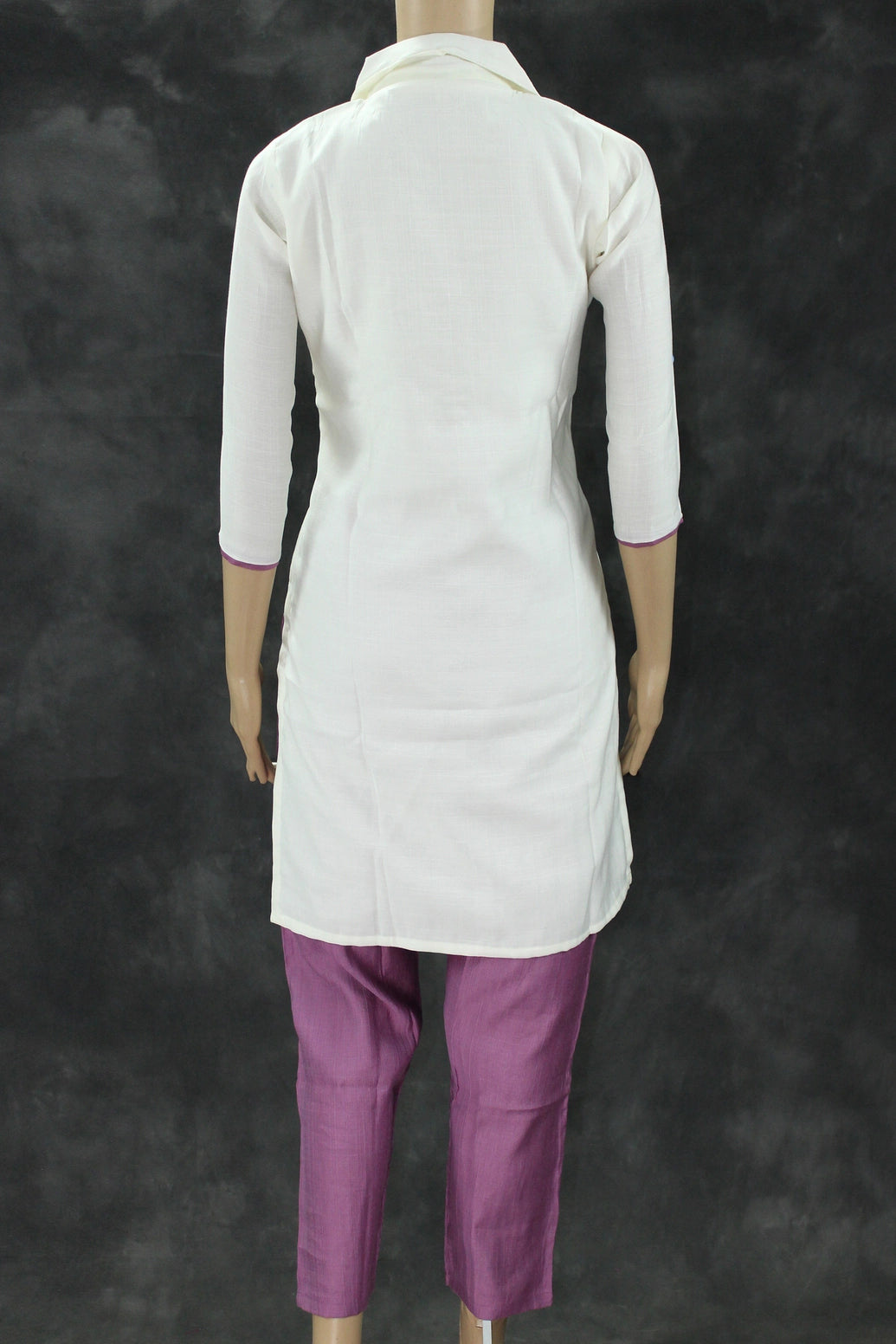 White & Lavender Cotton-Rayon Embroidered Aari Work Kurti Set with Straight Pants - Collar Neck, 3/4 Sleeve Kurti JCS Fashions