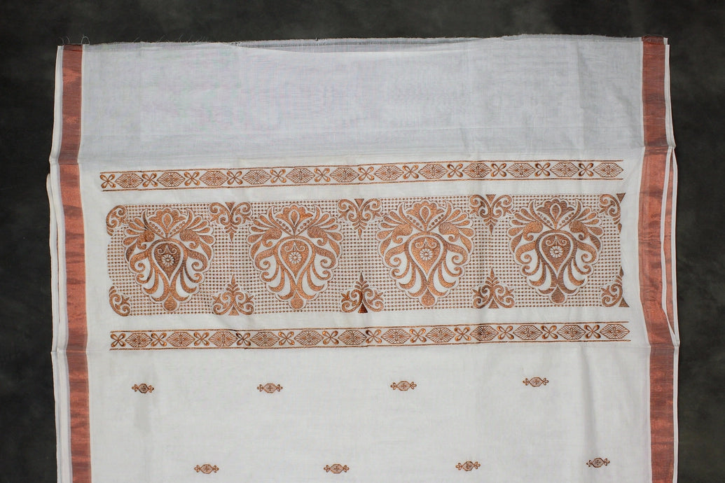 Pure Kerala Cotton White Saree with Copper Zari Peacock & Leaf Embroidery