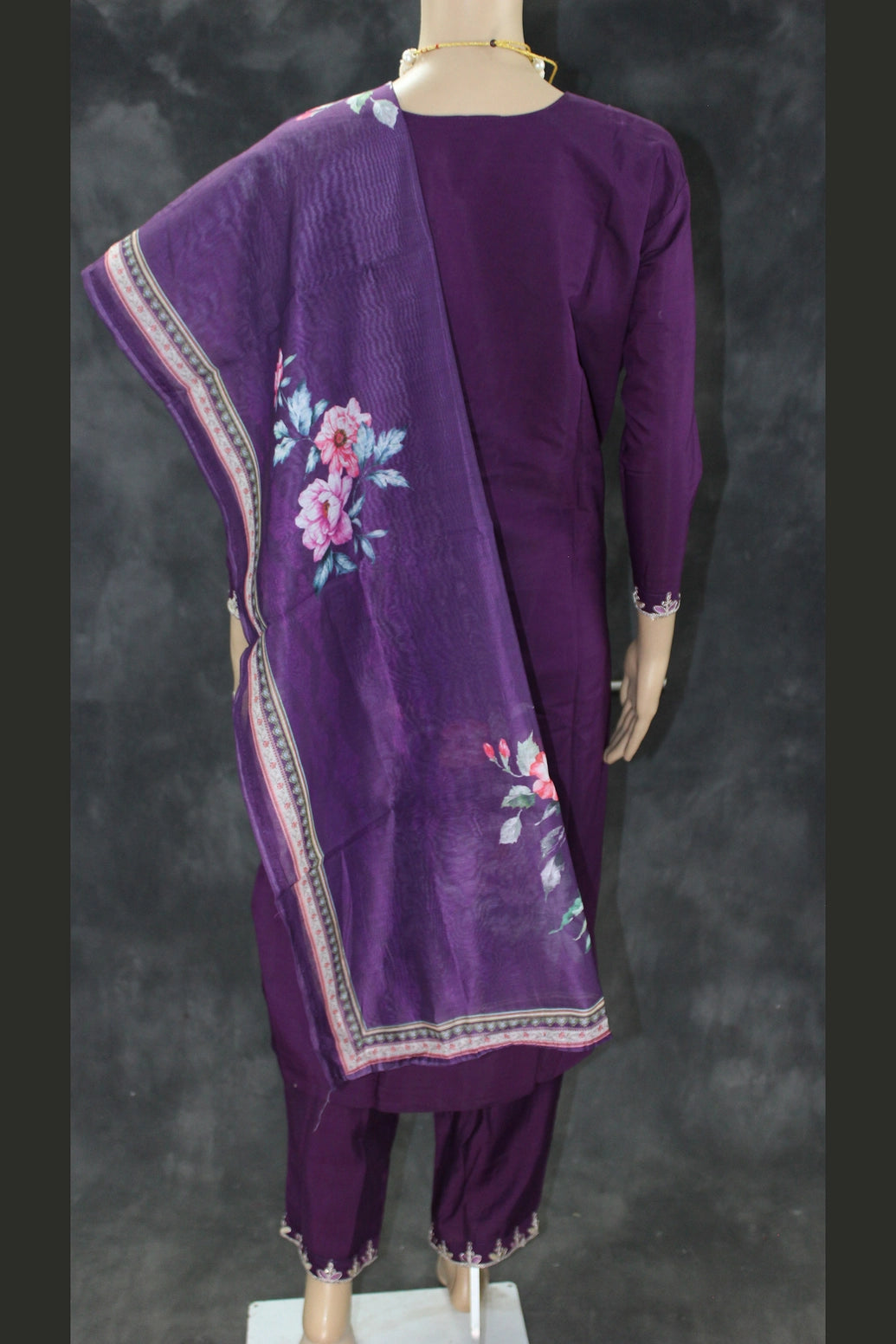 Dark Purple Roman Silk 3-Piece Kurti Set with Sequins Zari Work and Organza Dupatta