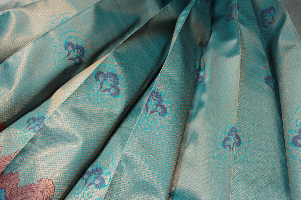 Dark Teal Kubera Pattu Silk Saree with Designer Border, Matching Blouse Piece