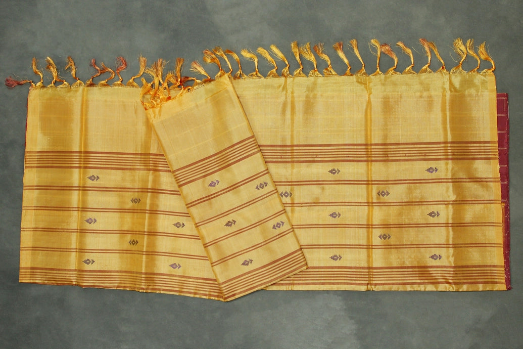 Orange Vaazhai Naar (Banana Pith) Saree with Small Butta and Maroon Pallu – Borderless Handloom
