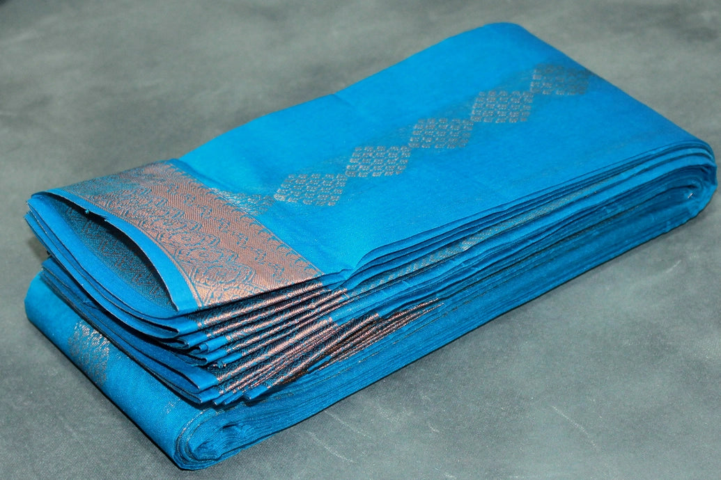 Blue Silk Cotton Saree with Beautiful Zari Border and Matching Blouse Piece