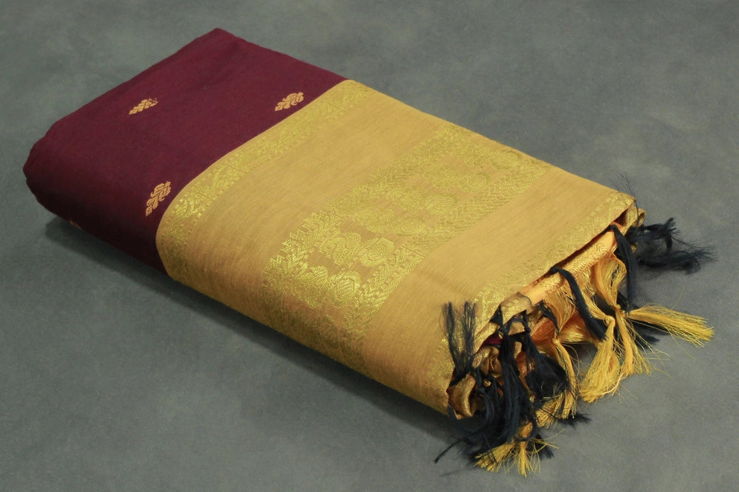 Maroon Kalyani Cotton Saree with Puttah Design and Zari Border, Includes Blouse