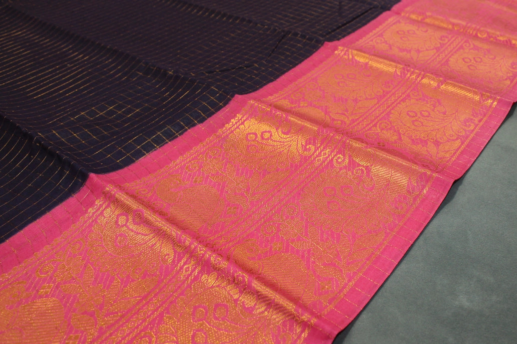 Dark Purple Sungudi Cotton Saree with Checked Zari Body and Pink Peacock Zari Double Border