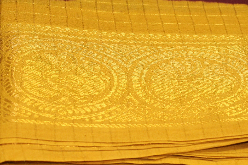 Pure Sungudi Cotton Checked Saree with Peacock Gold Zari Double Border - Brown Saree JCS Fashions