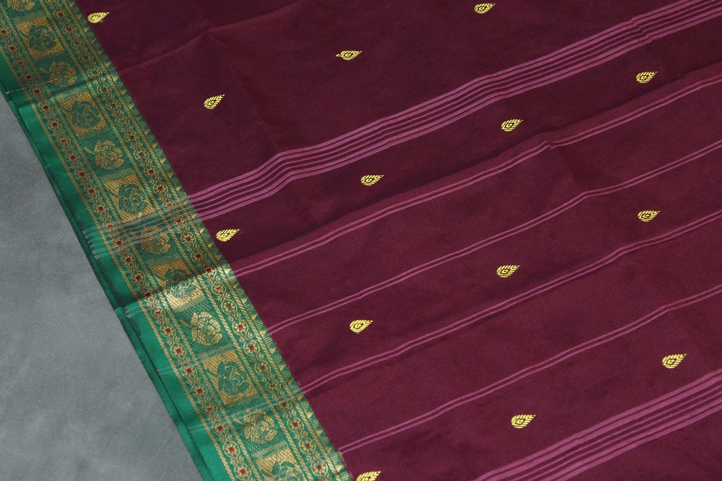 Dark Purple Poly Cotton Butta Saree with Green Thread Border Saree JCS Fashions