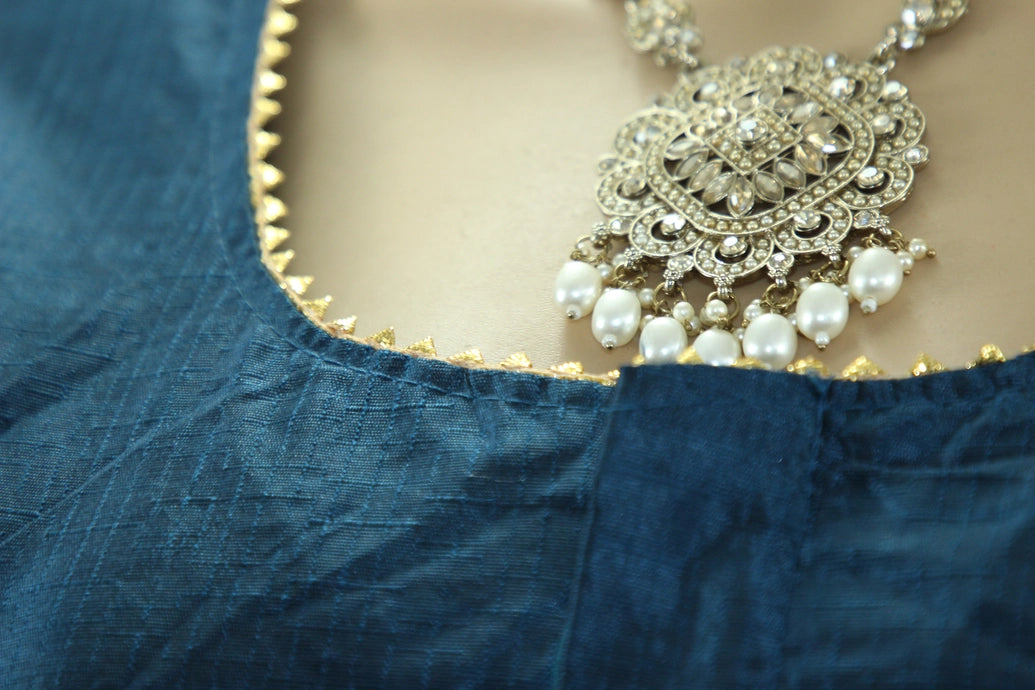 Readymade Navy Blue Raw Silk Padded Designer Blouse with Elbow Sleeves and Back Knot Blouse JCS Fashions